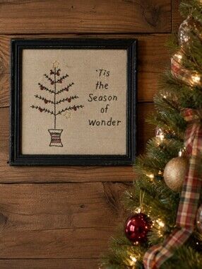 Christmas Picture Tis The Season of Wonder Embroidery Embroidered Vintage Framed